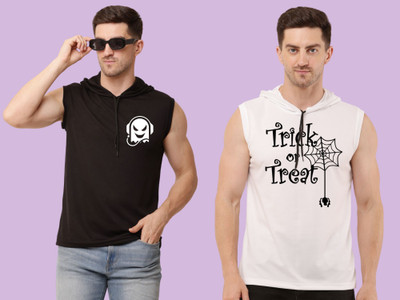 KUGDIT Printed Men Hooded Neck Black, White T-Shirt