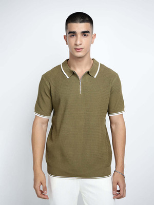 SHOWOFFFF Solid Men Polo Neck Dark Green T-Shirt
