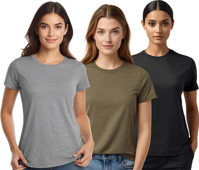 SHARXTRENDS Solid Women Round Neck Black, Green, Silver T-Shirt