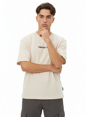 Glitchez Printed Men Round Neck Beige T-Shirt