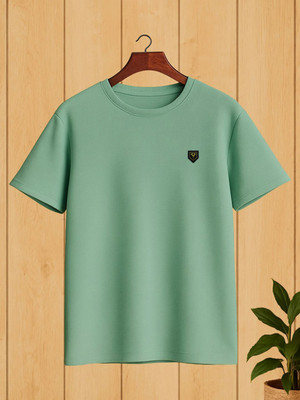 Yazole Solid Men Round Neck Light Green T-Shirt