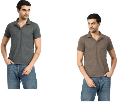 KAVYA Solid Men Boat Neck Grey, Brown T-Shirt