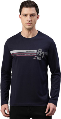 VAN HEUSEN Printed, Typography Men Round Neck Navy Blue T-Shirt