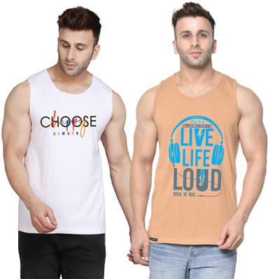 SLOWLORIS Printed Men Scoop Neck Beige, White T-Shirt