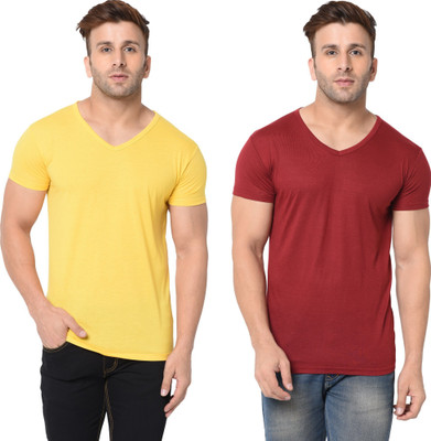 Adorbs Trend Solid Men V Neck Maroon, Yellow T-Shirt