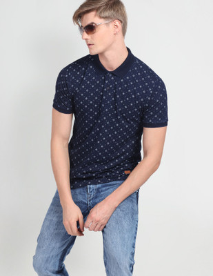 FLYING MACHINE Printed Men Polo Neck Blue T-Shirt