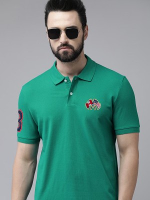 Merriment Solid Men Polo Neck Green T-Shirt