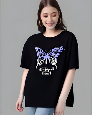 Royal Creations By Rv Printed Women Round Neck Black T-Shirt