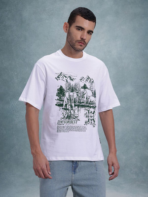 Roadster Printed Men Round Neck White T-Shirt