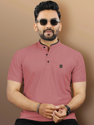 VeBNoR Solid Men Polo Neck Pink T-Shirt