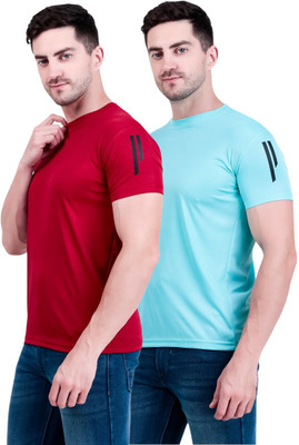 OCTOVEEJ Striped Men Round Neck Maroon, Light Green T-Shirt