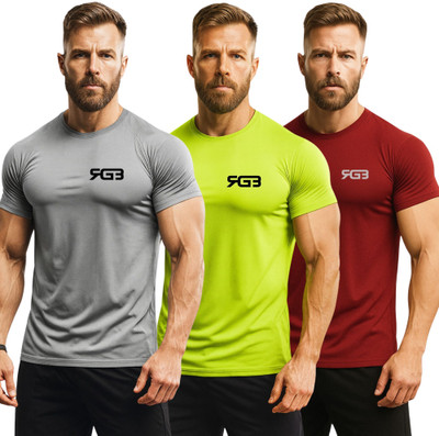 3colors Solid Men Round Neck Grey, Green, Maroon T-Shirt