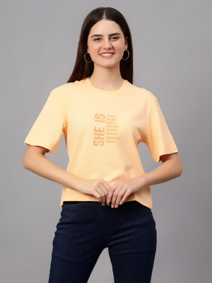 CANTABIL Printed Women Round Neck Yellow T-Shirt