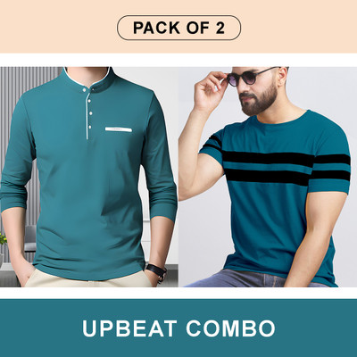 AUSK Striped Men Mandarin Collar Blue T-Shirt