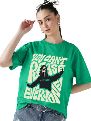 Leotude Printed Women Round Neck Green T-Shirt