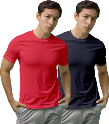 Fighterhero Solid, Sporty Men Round Neck Maroon, Navy Blue T-Shirt