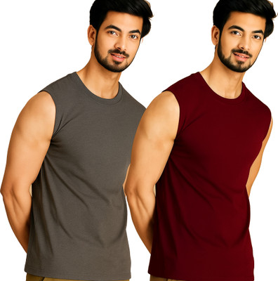 Jangoboy Solid Men Round Neck Grey, Maroon T-Shirt