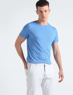 TOMMY HILFIGER Solid Men Crew Neck Blue T-Shirt