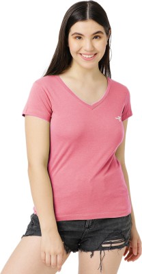 THREE Self Design Women V Neck Pink T-Shirt