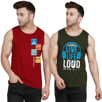 SLOWLORIS Printed Men Scoop Neck Dark Green, Maroon T-Shirt