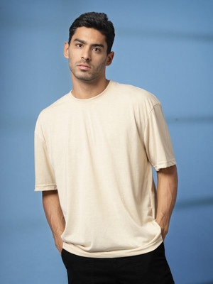 Mast & Harbour Solid Men Round Neck Beige T-Shirt