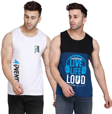 SLOWLORIS Printed, Colorblock Men Round Neck Black, Dark Blue, White T-Shirt