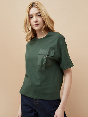 Fame Forever by Lifestyle Solid Women Crew Neck Green T-Shirt
