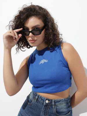 Roadster Typography Women Round Neck Blue T-Shirt