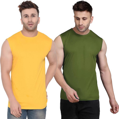 Moordale Fab Solid Men Round Neck Yellow, Dark Green T-Shirt