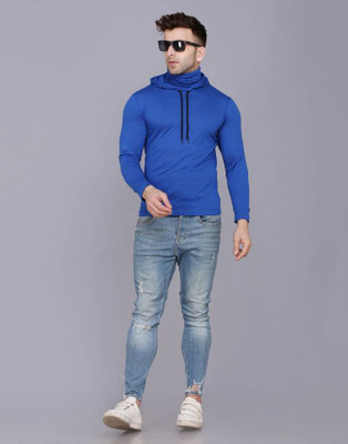 Denzolee Solid Men Hooded Neck Blue T-Shirt