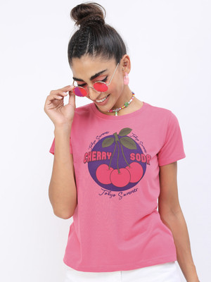 Tokyo Talkies Printed Women Round Neck Pink T-Shirt