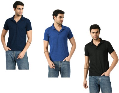 Indistar Solid Men Boat Neck Navy Blue, Blue, Black T-Shirt