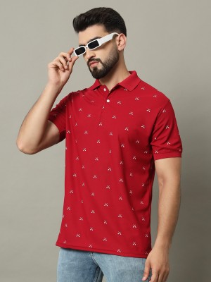 DENNIN Printed Men Polo Neck Maroon T-Shirt