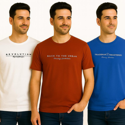 WHITE ROSE Typography Men Round Neck White, Brown, Light Blue T-Shirt