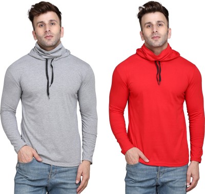 BEYOU FASHION Solid Men Hooded Neck Silver, Red T-Shirt