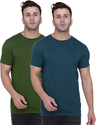 Kroptee Solid Men Round Neck Blue, Dark Green T-Shirt