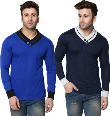 Adorbs Trend Colorblock Men Shawl Neck Dark Blue, Blue T-Shirt