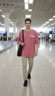 DivRa Clothing Self Design Men Round Neck Pink T-Shirt