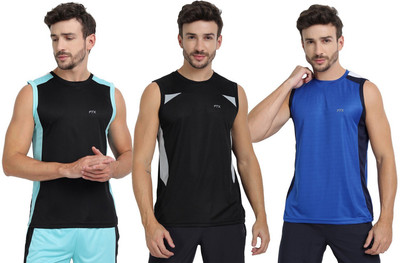 FTX Colorblock Men Round Neck Black, Blue T-Shirt