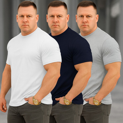 Vivaan Fab Solid Men Round Neck White, Navy Blue, Grey T-Shirt