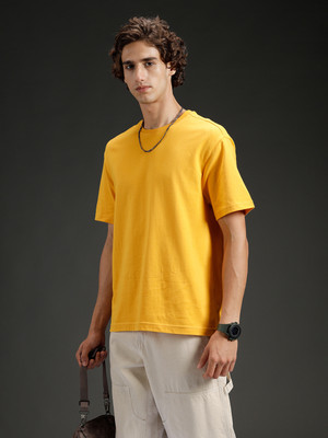 WROGN Solid Men Crew Neck Orange T-Shirt