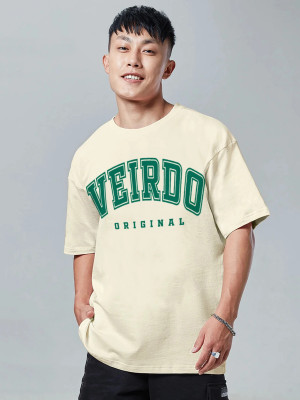 Veirdo Printed, Typography Men Round Neck Beige T-Shirt