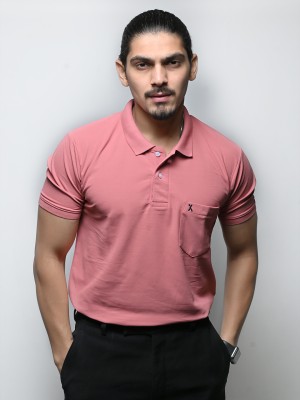 JOYKART Solid Men Polo Neck Pink T-Shirt