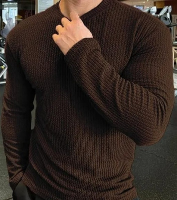 R ARHAN Solid Men Round Neck Brown T-Shirt