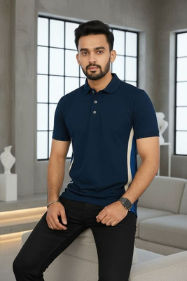 jeneric Solid Men Polo Neck Blue T-Shirt