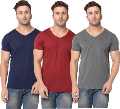 JB Jagoboy Solid Men V Neck Dark Blue, Maroon, Grey T-Shirt