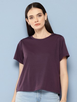 CHEMISTRY Solid Women Round Neck Purple T-Shirt