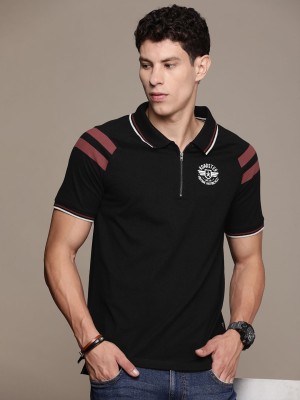 Roadster Printed Men Polo Neck Black T-Shirt