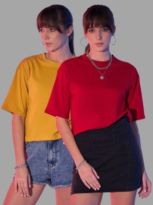 Dimpy Garments Solid Women Round Neck Yellow, Red T-Shirt