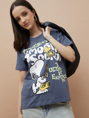Ginger by Lifestyle Printed Women Round Neck Blue T-Shirt